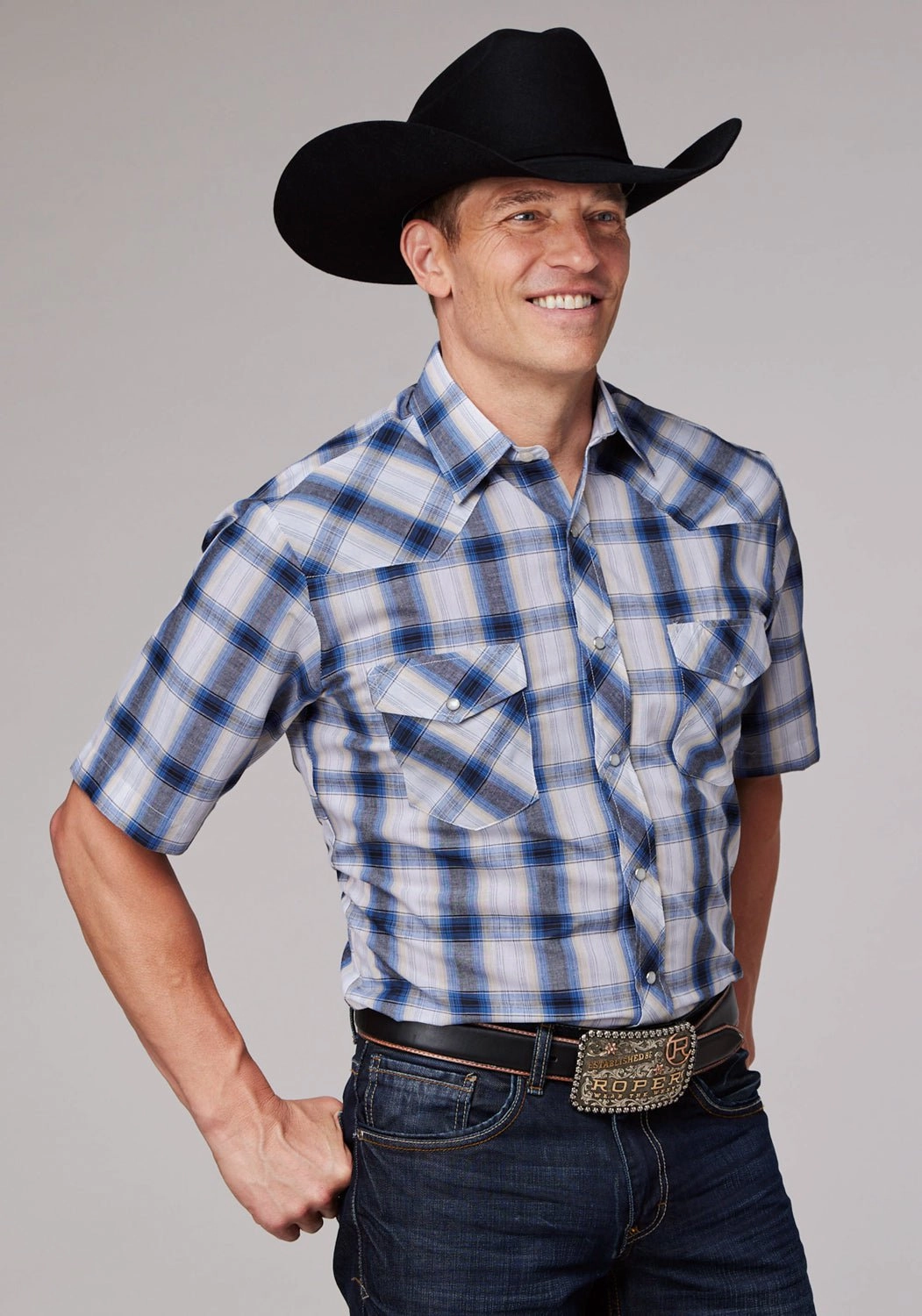 Roper Mens 2060 Plaid Navy/Cream Cotton Blend S/S Shirt Effortless Style