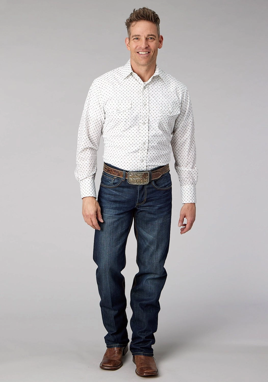 Roper Mens 2065 Mini Floral Cream/Taupe Cotton Blend L/S Shirt Geometric Design