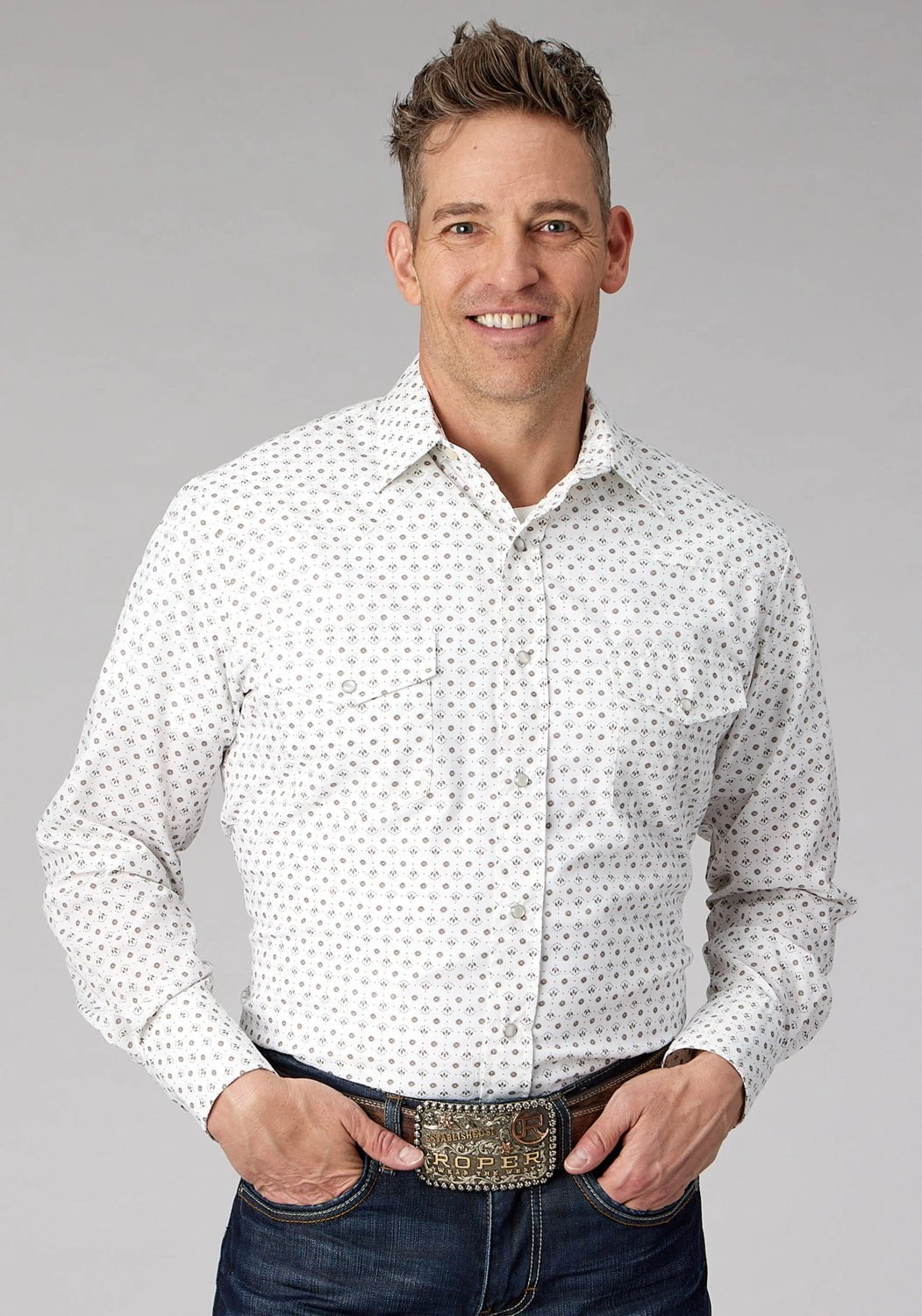 Roper Mens 2065 Mini Floral Cream/Taupe Cotton Blend L/S Shirt Versatile Layering Piece High-Quality Fabric