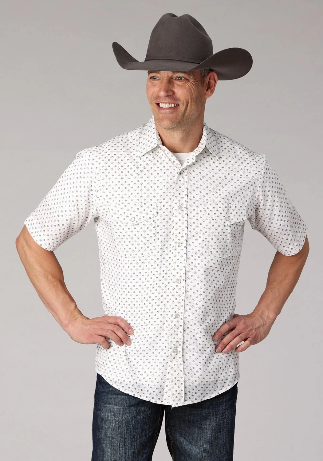 Anti Pill Treatment Social Meetup Roper Mens 2065 Mini Floral White Cotton Blend S/S Shirt