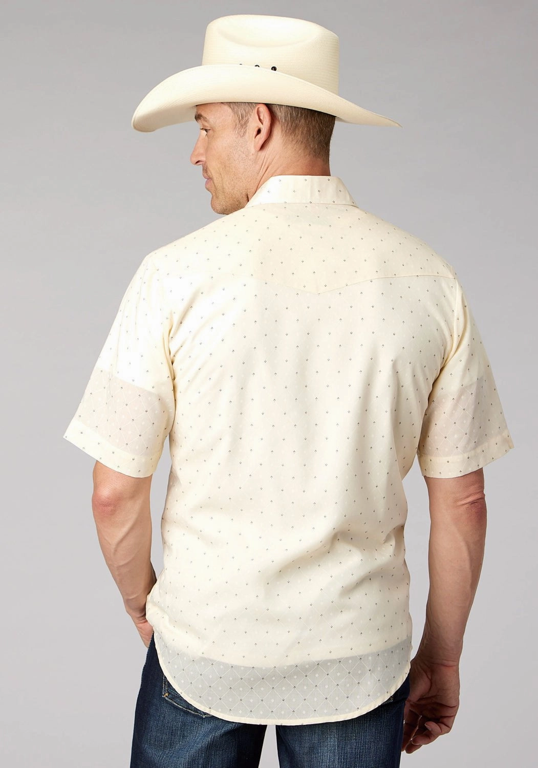 Roper Mens 2067 Diamond Wallpaper White Cotton Blend S/S Shirt natural fiber