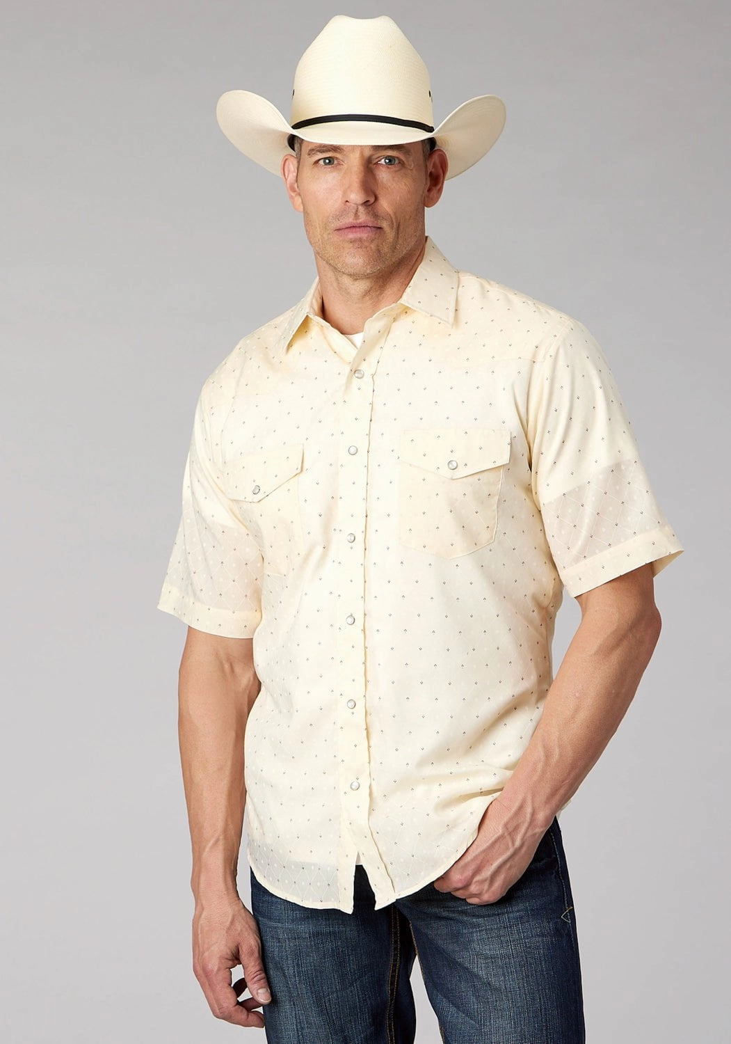 Durable Material Roper Mens 2067 Diamond Wallpaper White Cotton Blend S/S Shirt