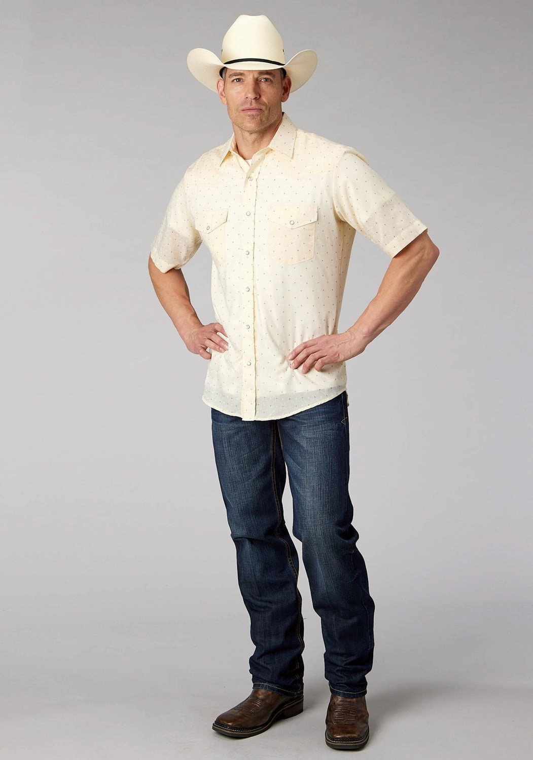 Ventilated Back Panel Unisex Design Roper Mens 2067 Diamond Wallpaper White Cotton Blend S/S Shirt