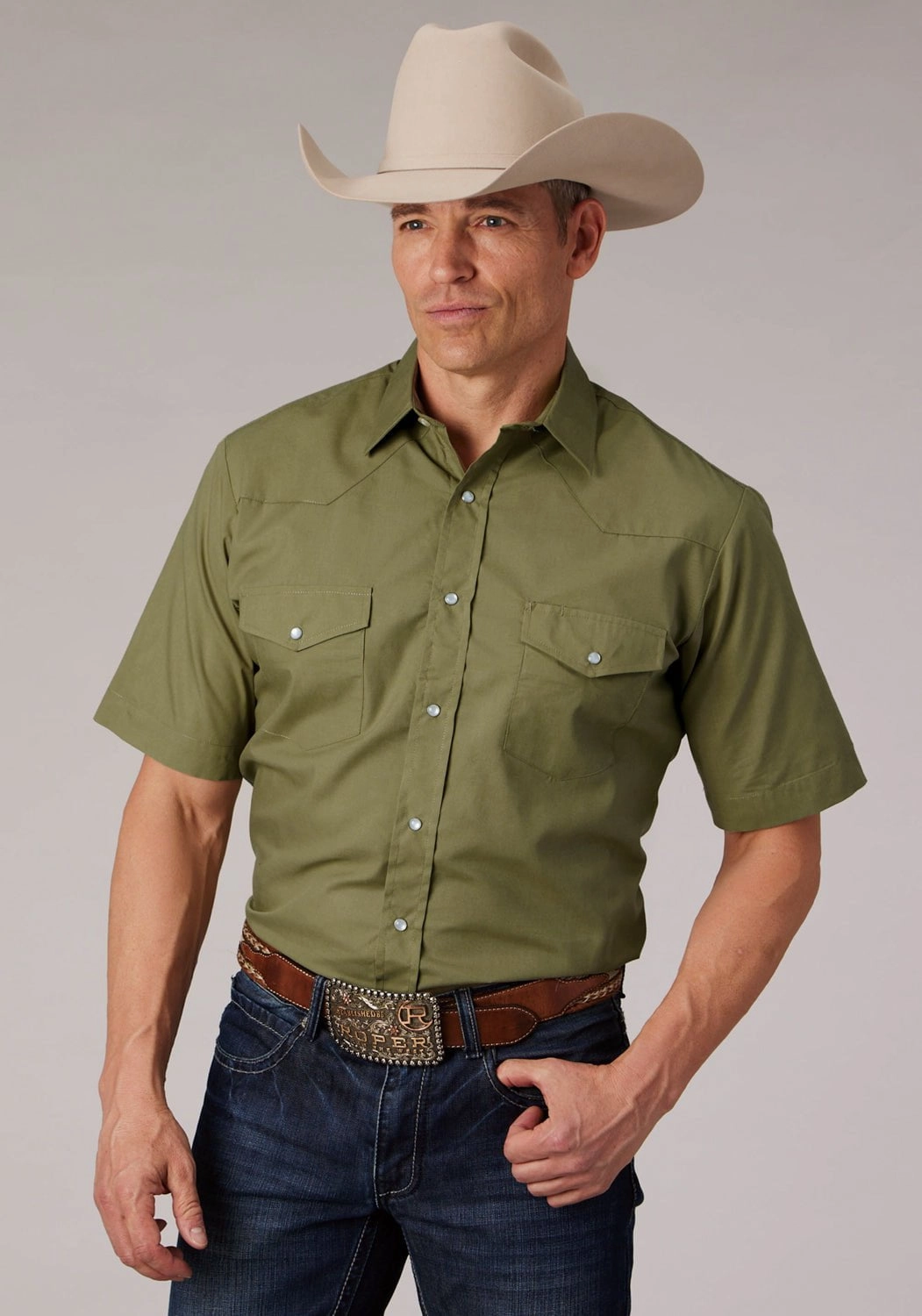 Roper Mens 2070 Broadcloth Elm Cotton Blend S/S Shirt Affordable Luxury High-Quality Material