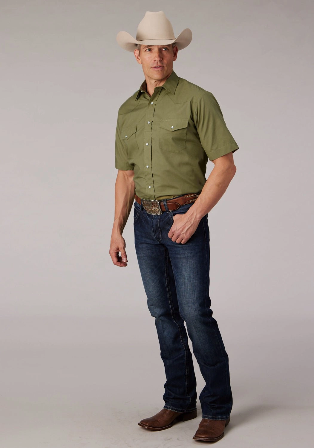 Roper Mens 2070 Broadcloth Elm Cotton Blend S/S Shirt Anti Cling Fabric All-day Comfort