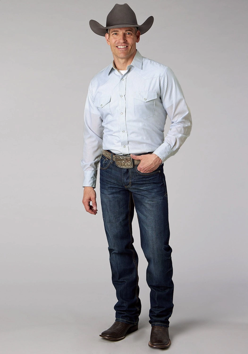 Roper Mens 2072 Stripe Light Blue/White Poly/Cotton L/S Shirt Travel Friendly Multipurpose Layering Fabric