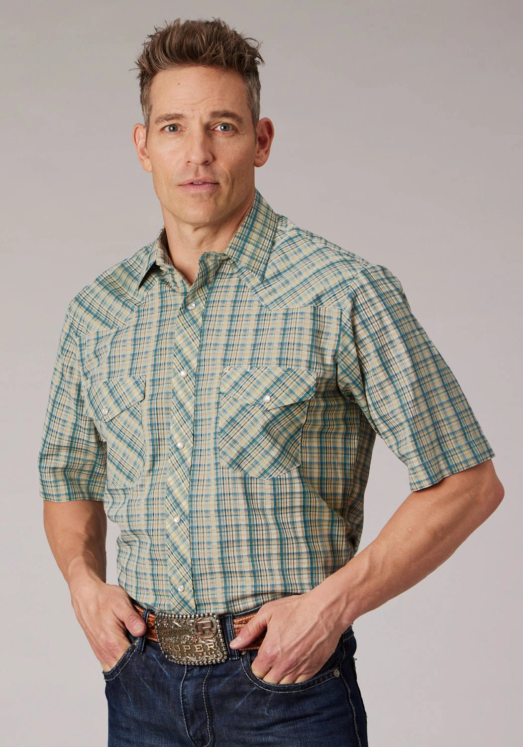 Comfortable Fabric Trendy Vibes Roper Mens 2075 Plaid White/Cream Cotton Blend S/S Shirt