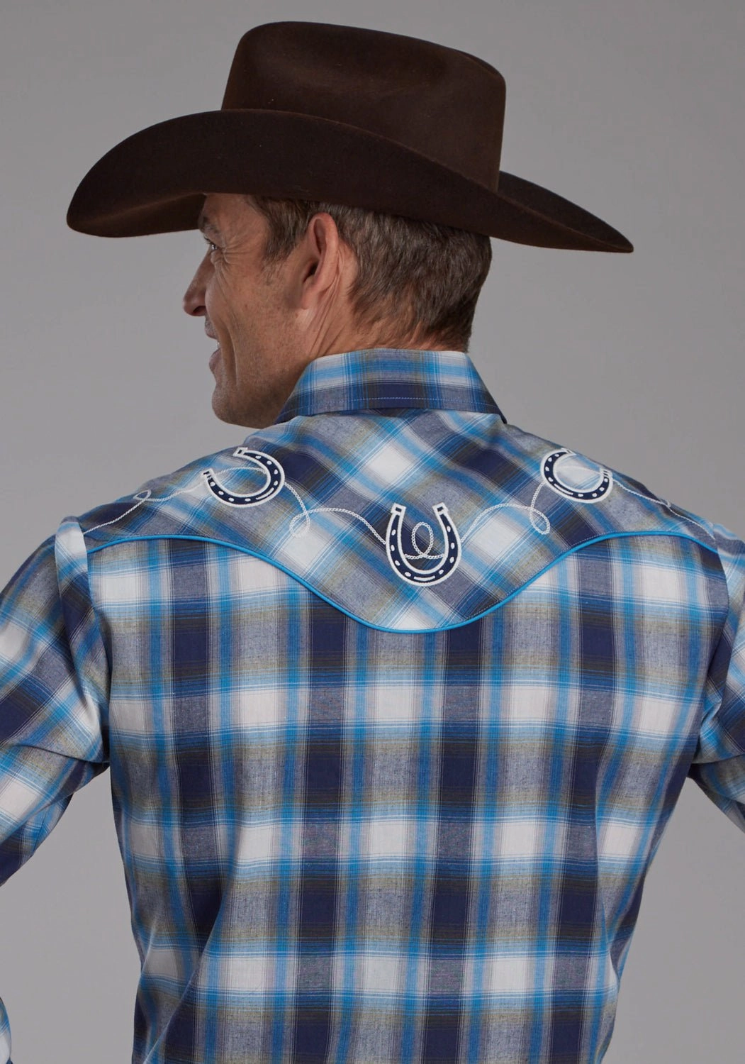 Travel Friendly Spring Trend Roper Mens 2102 Plaid Horseshoes Blue/White Cotton Blend L/S Shirt