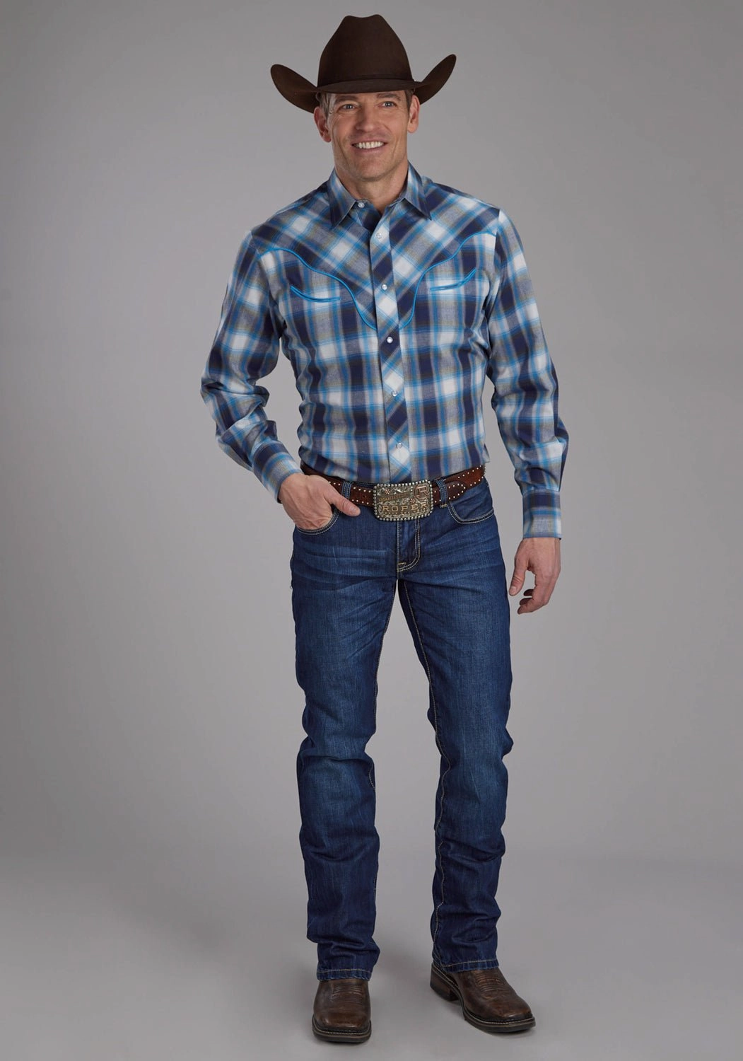 Ergonomic Sleeve Cut Roper Mens 2102 Plaid Horseshoes Blue/White Cotton Blend L/S Shirt