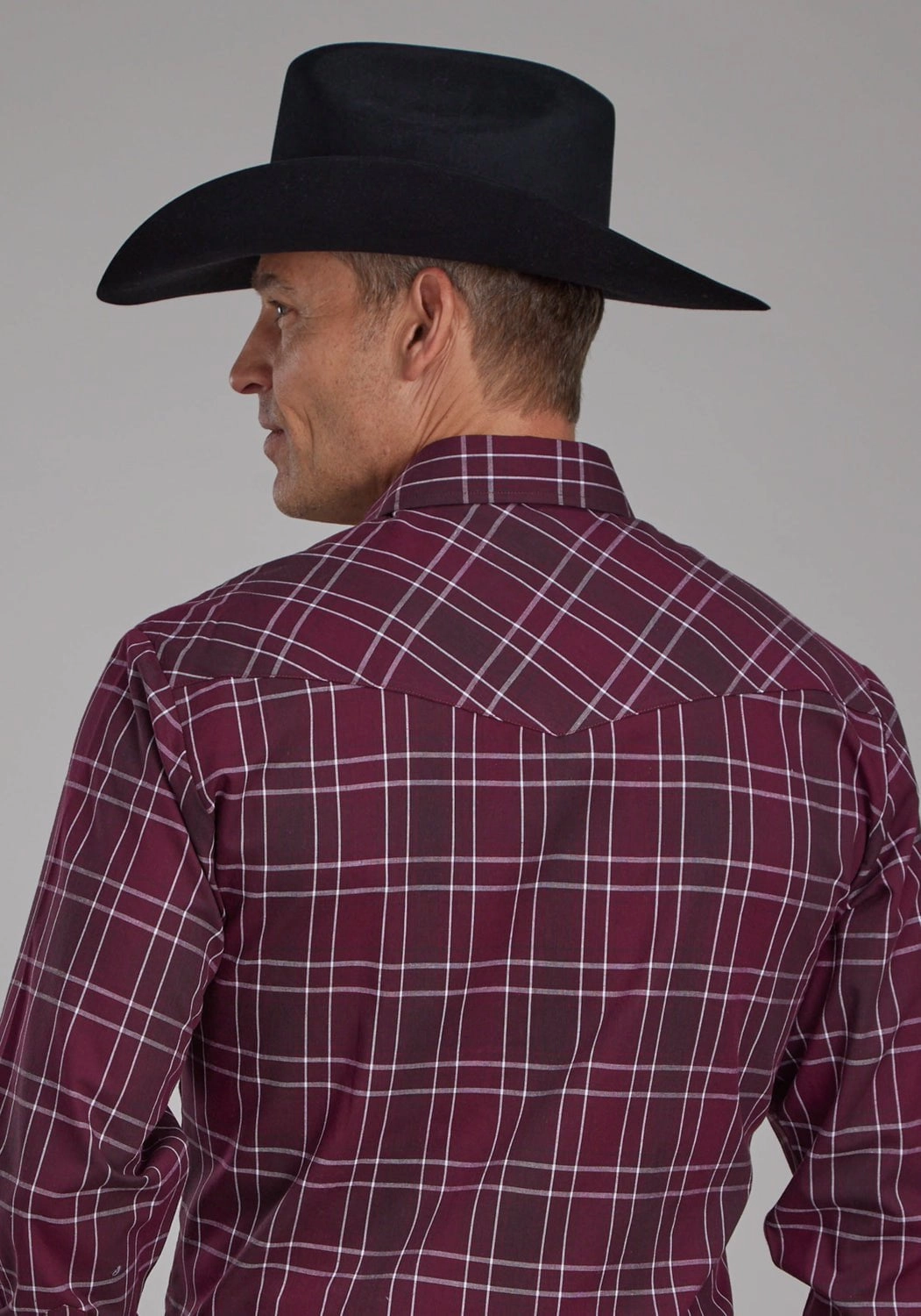 Roper Mens 2104 Plaid Wine/White Cotton Blend L/S Shirt Weekend Style Round Collar