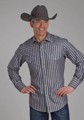 Athletic Look Roper Mens 2113 Stripe Dark Charcoal Grey Poly/Cotton L/S Shirt