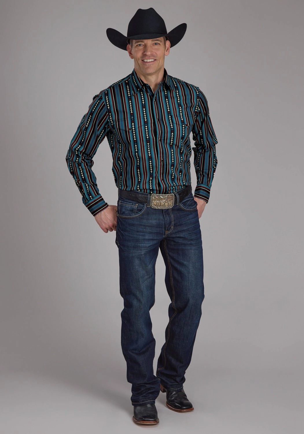 Designer Look Roper Mens 2123 Vertical Stripe Blue 100% Cotton L/S Shirt