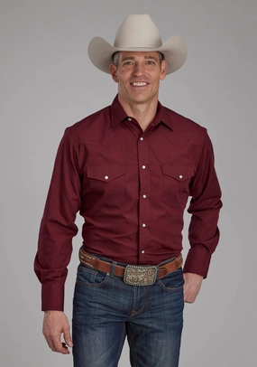 Roper Mens 2124 Broadcloth Deep Wine Cotton Blend L/S Shirt Solid Hue Customizable Design