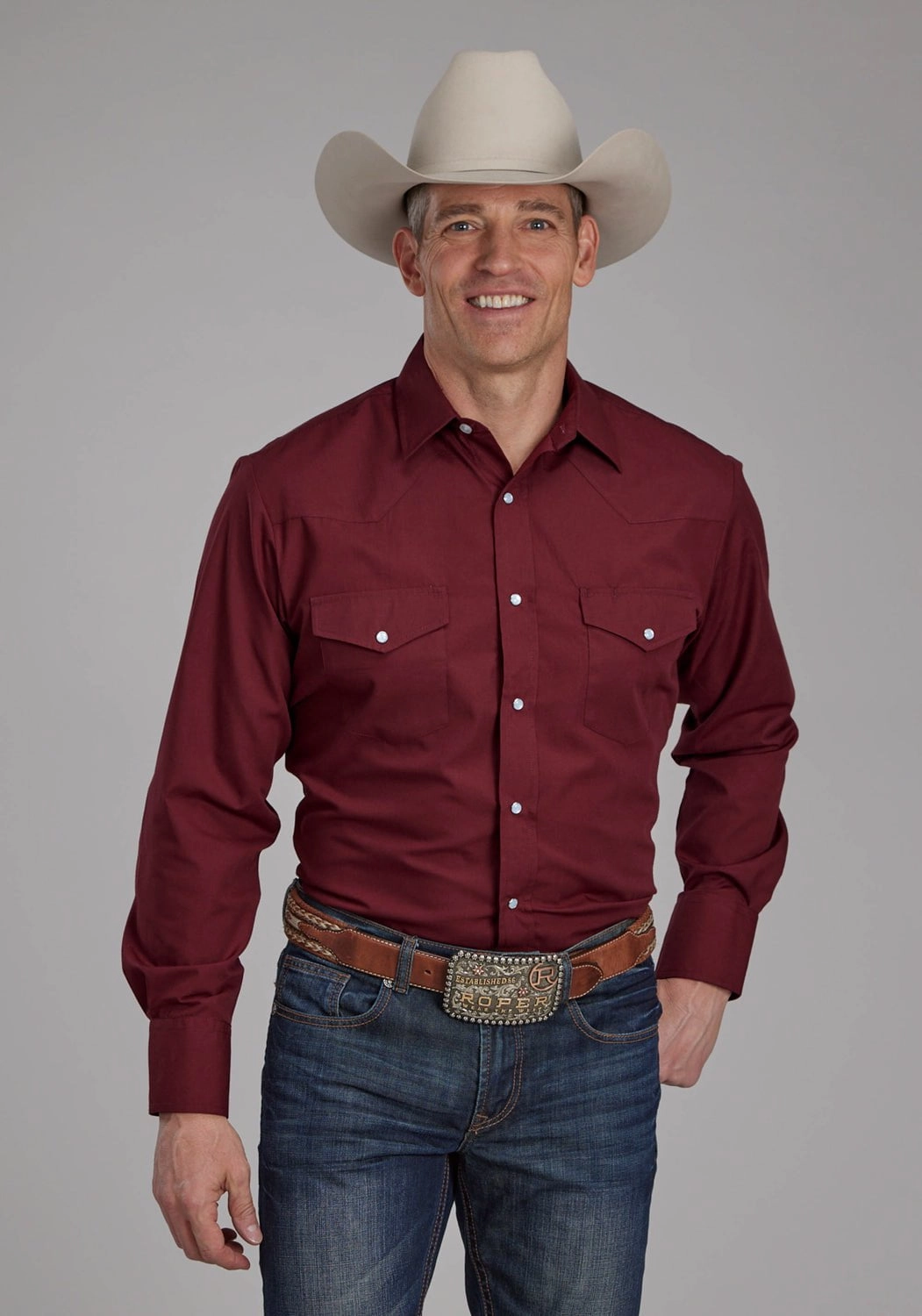 Roper Mens 2124 Broadcloth Deep Wine Cotton Blend L/S Shirt Solid Hue Customizable Design