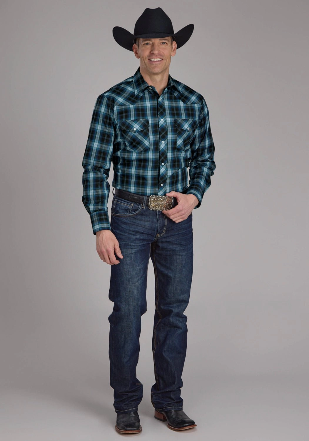 Roper Mens 2128 Windowpane Plaid Multi Blue Cotton Blend L/S Shirt Abstract art