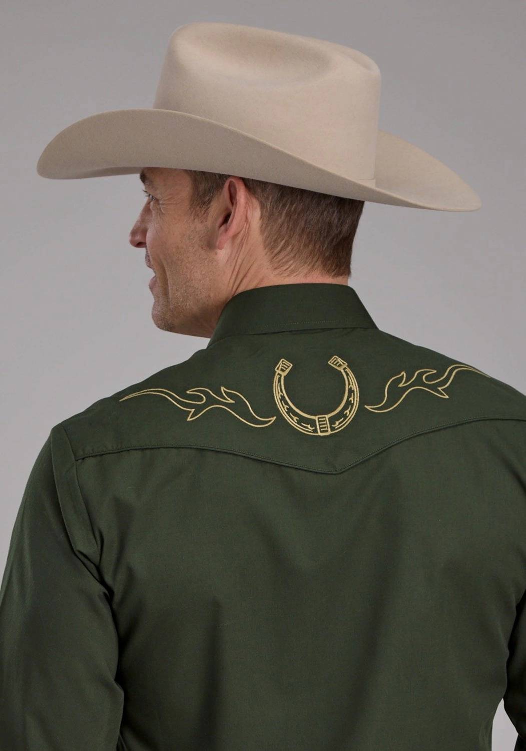 Roper Mens 2132 Horseshoes Dark Olive Cotton Blend L/S Shirt Petite Option Limited Edition