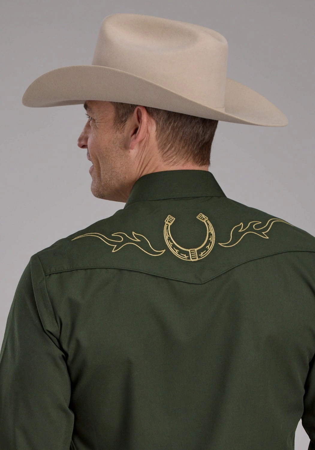 Fitted Cut Polo Style Roper Mens 2132 Horseshoes Dark Olive Cotton Blend L/S Shirt