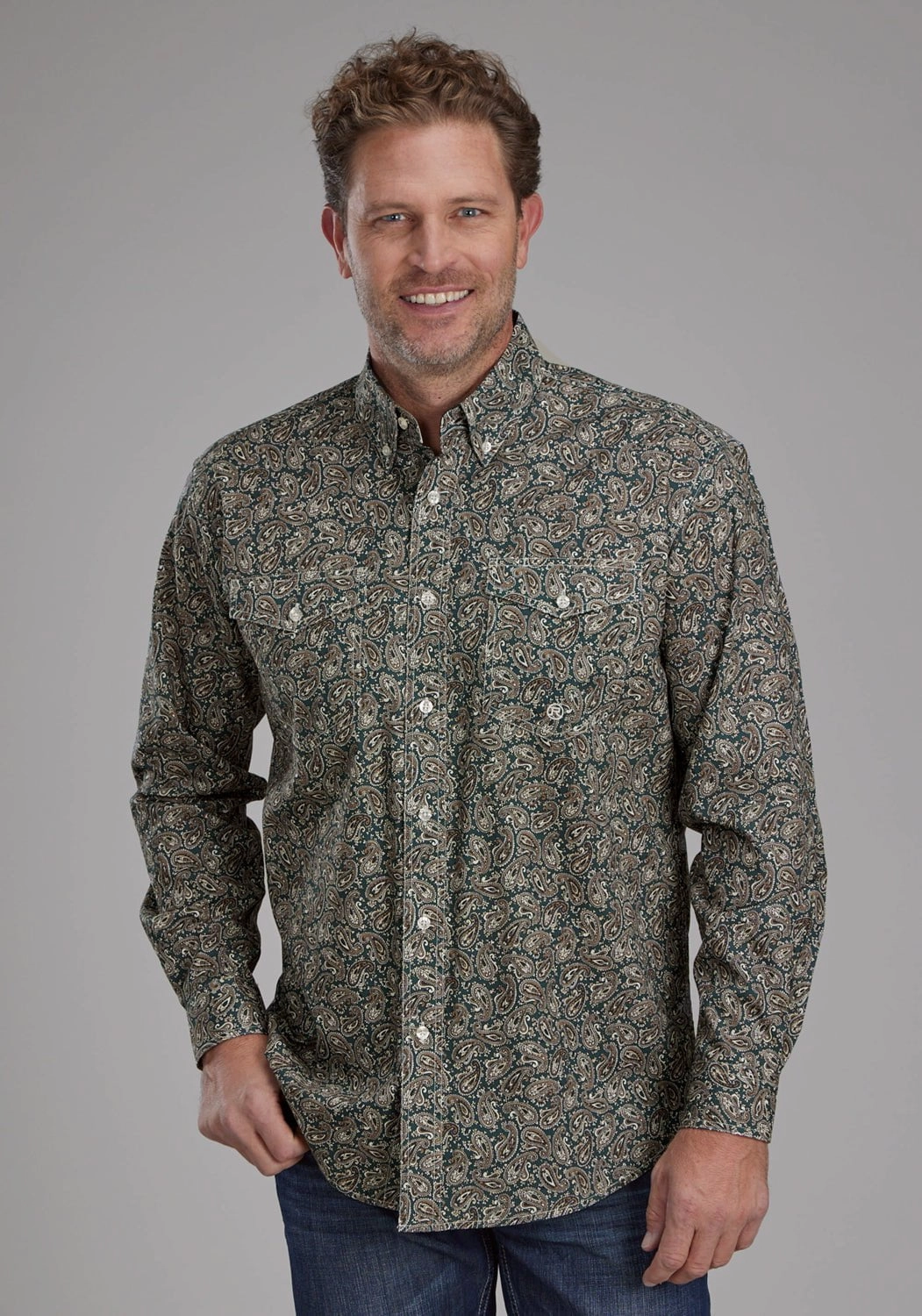 Roper Mens 2150 Oak Paisley Brown 100% Cotton Btn L/S Shirt Athletic Cut