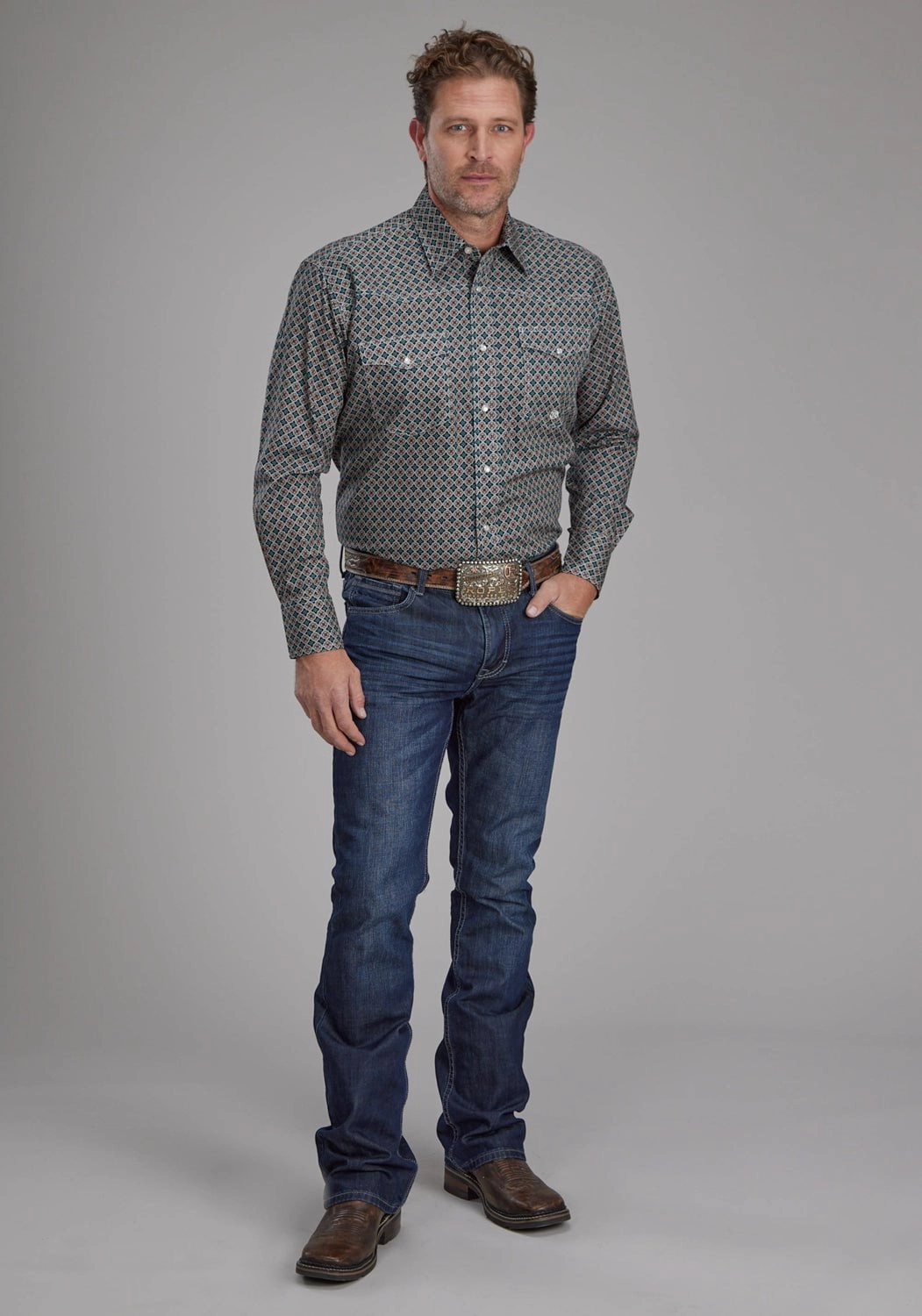 Roper Mens 2151 Acorn Foulard Brown 100% Cotton L/S Shirt Yoke Design Anti Static Lining