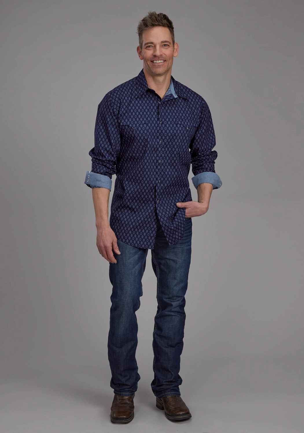 Roper Mens 2177 Aztecs Blue 100% Cotton L/S Shirt high-low hem Dressy look