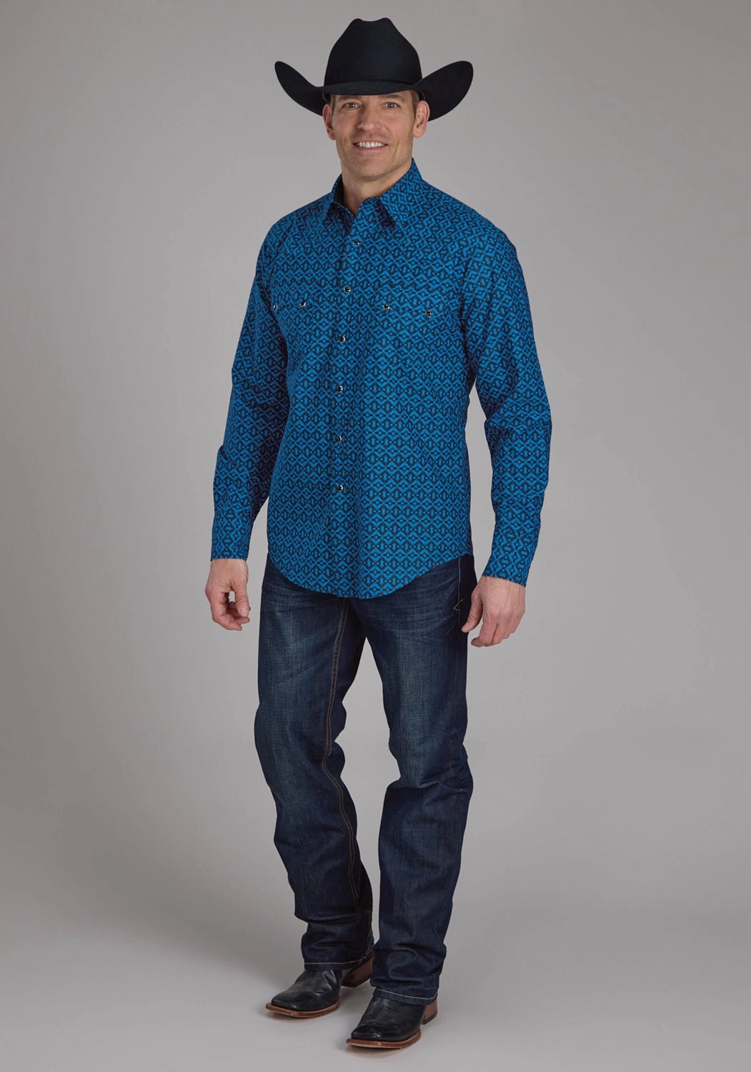 Stretch Material Roper Mens 2181 Aztec Tile Blue 100% Cotton L/S Shirt