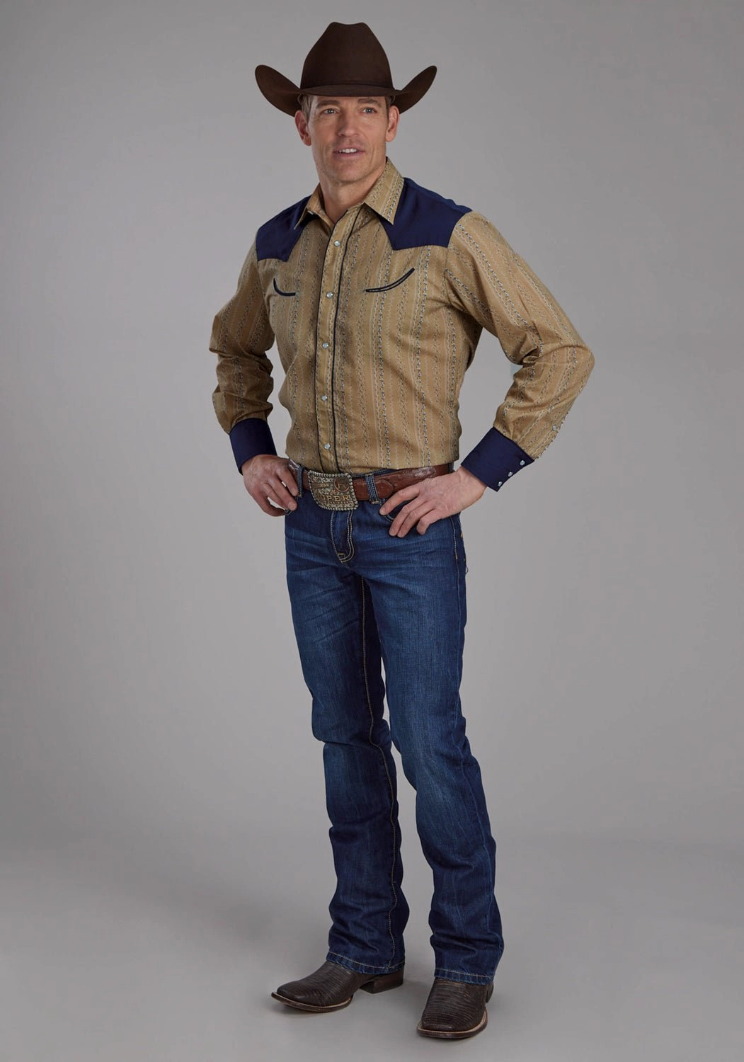 Rugged Style On-The-Go Style Roper Mens 2233 Wallpaper Tan/Navy Cotton Blend Retro L/S Shirt