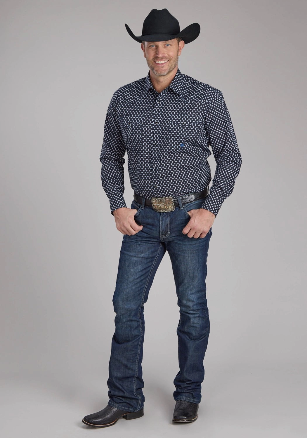 Roper Mens 2240 Blue Diamonds Black 100% Cotton L/S Shirt Party outfit Loose Fit