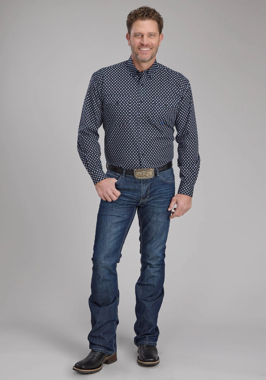 Eco Dye Technique Roper Mens 2240 Diamonds Black 100% Cotton Btn L/S Shirt