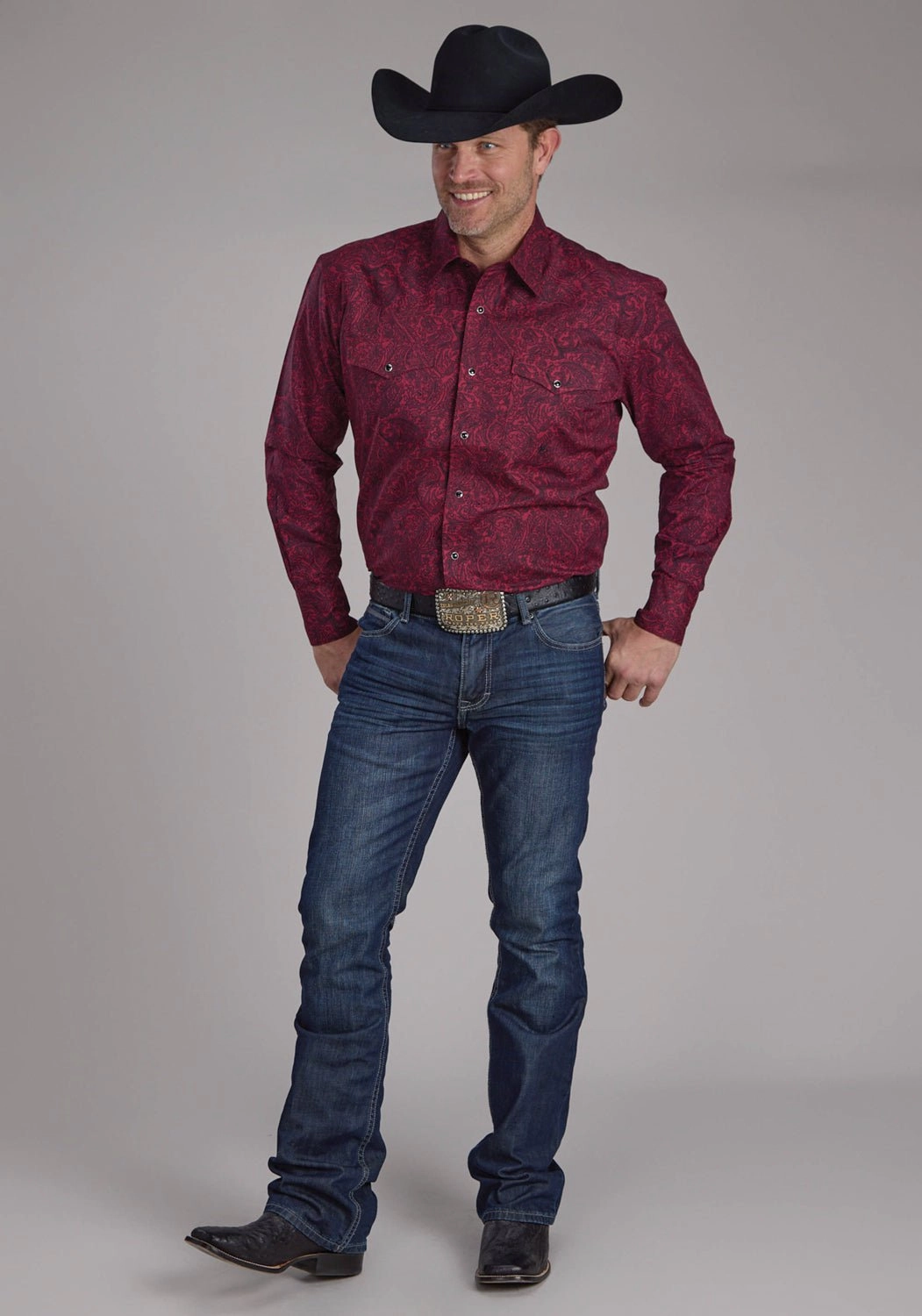 Double Needle Hemming Ombre look Roper Mens 2241 Paisley Burgundy 100% Cotton L/S Shirt