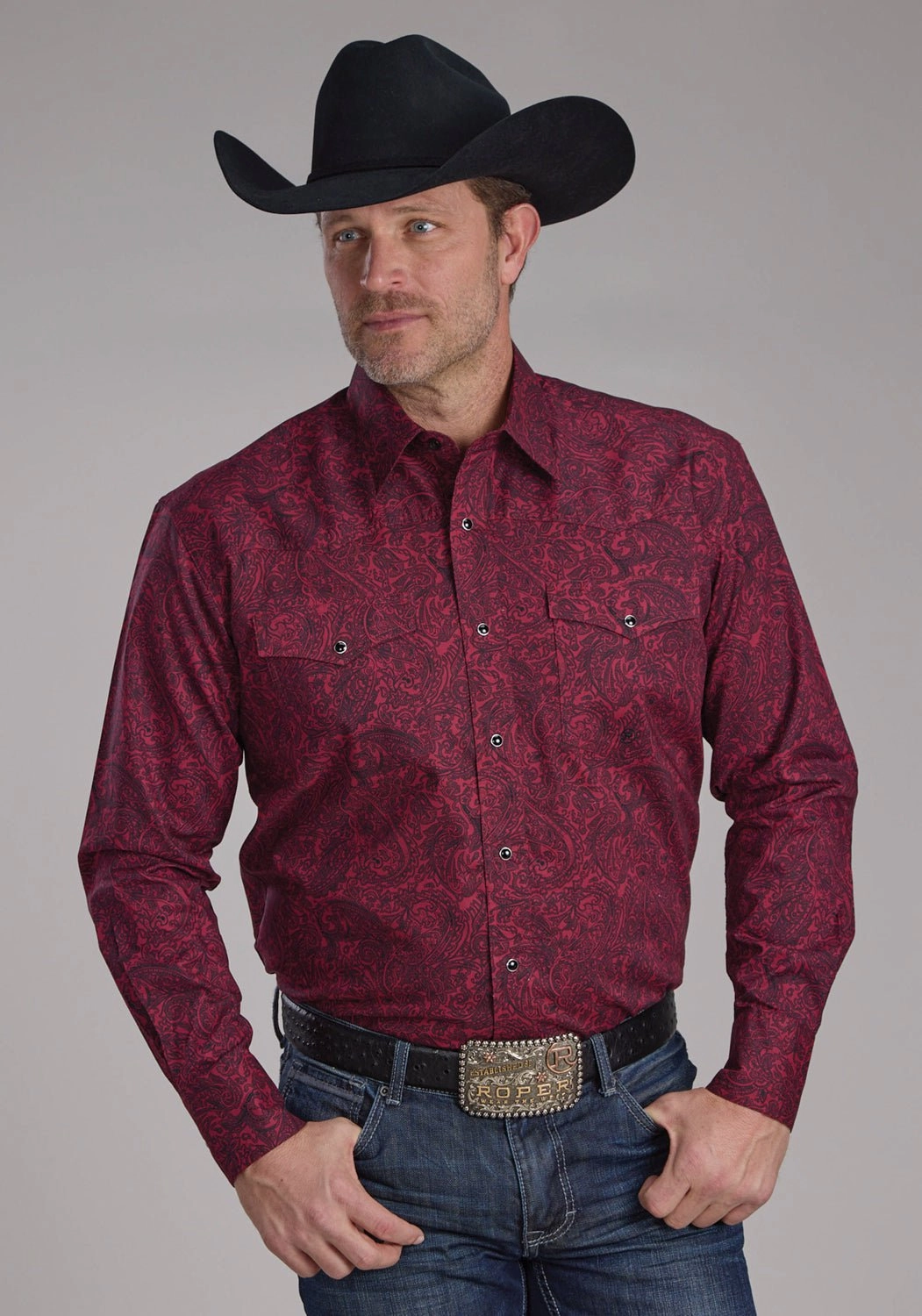 Roper Mens 2241 Paisley Burgundy 100% Cotton L/S Shirt Moisture Wicking Material Elegant Finish