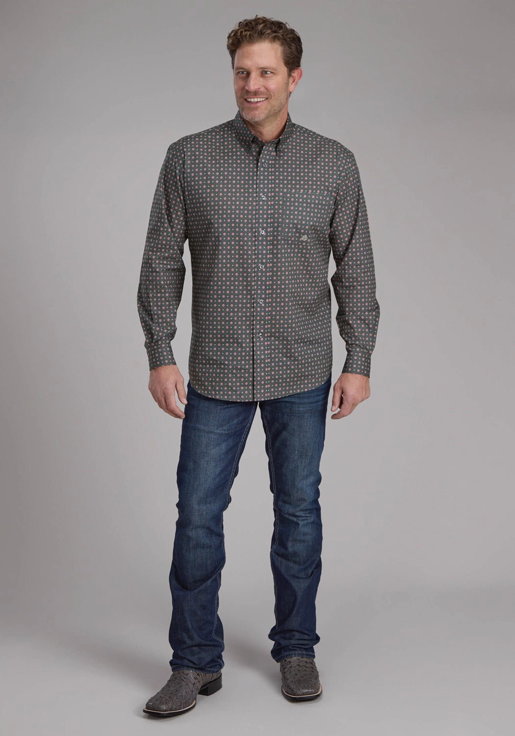 Vintage Wash Roper Mens 2243 Garnet Foulard Grey 100% Cotton 1 Pkt L/S Shirt