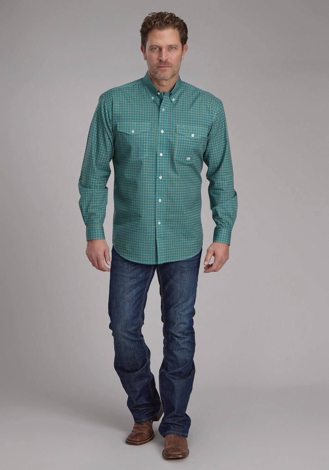 Waffle Weave Roper Mens 2244 Castile Foulard Turquoise 100% Cotton Btn L/S Shirt