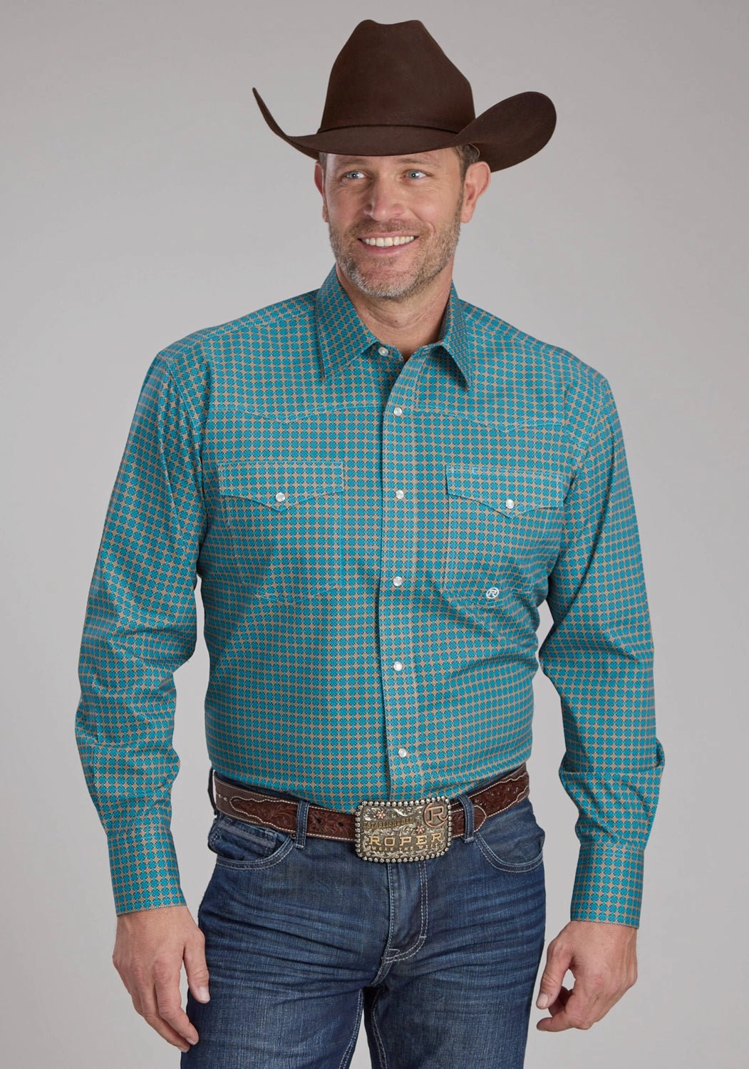 Roper Mens 2244 Castile Foulard Turquoise 100% Cotton L/S Shirt Street Style