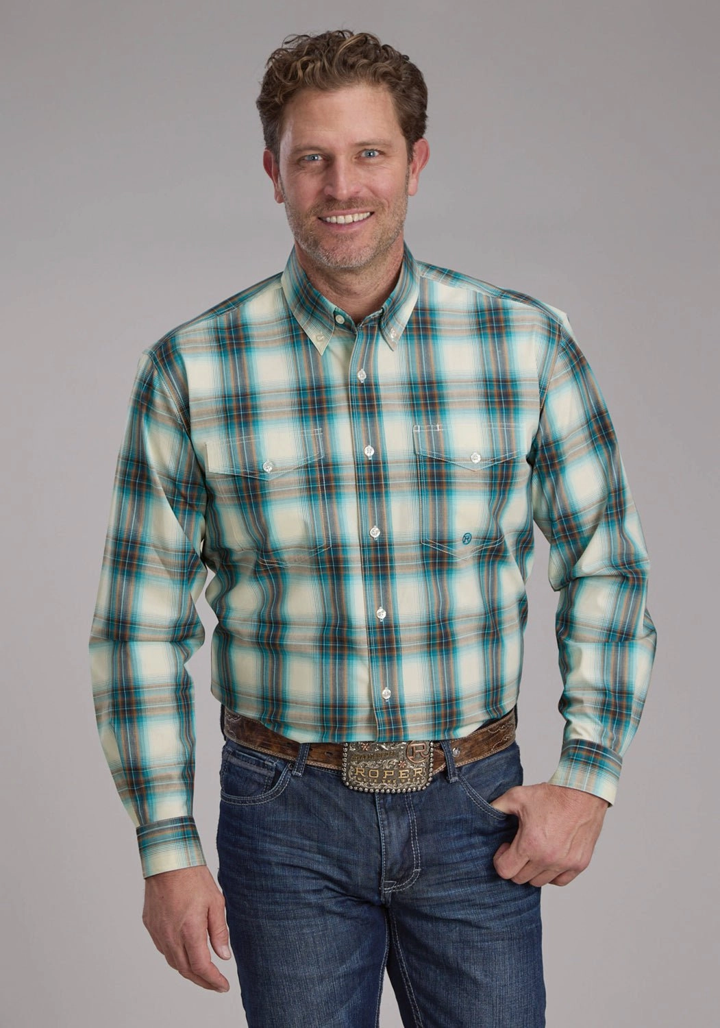 Roper Mens 2245 Taos Ombre Plaid Brown 100% Cotton Btn L/S Shirt Polished Look