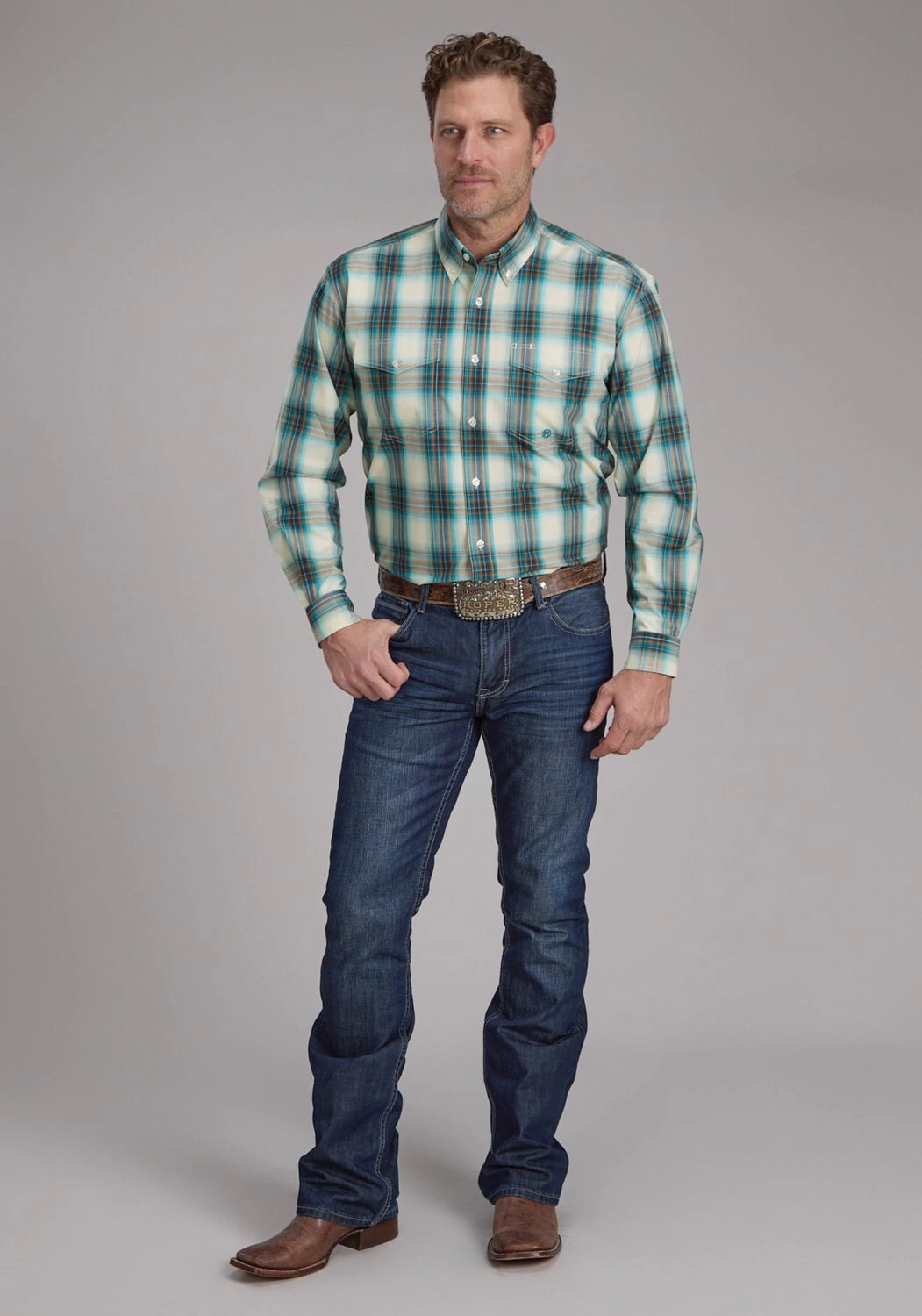 Roper Mens 2245 Taos Ombre Plaid Brown 100% Cotton Btn L/S Shirt stain resistant coating