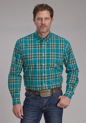 Roper Mens 2246 Real Plaid Teal 100% Cotton 1 Pkt L/S Shirt Cuffed hem Thermal Regulation Fabric