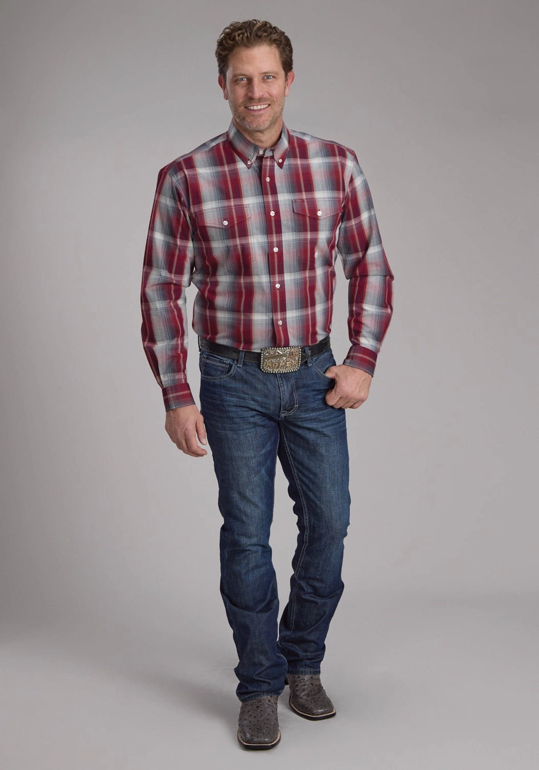 Roper Mens 2248 Plaid Wine/Smoke 100% Cotton Btn L/S Shirt Neutral Tones