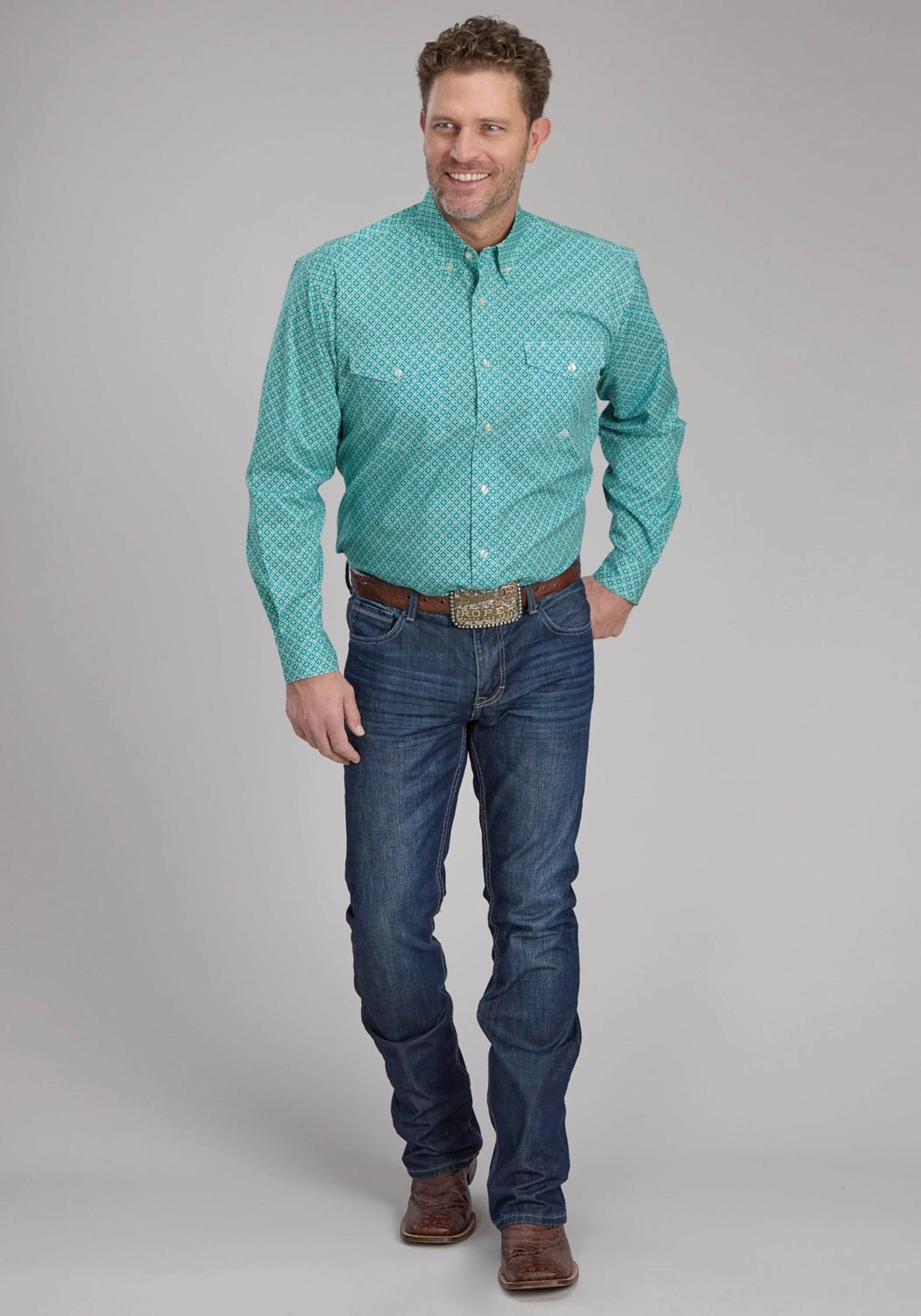 Roper Mens 2250 Four Point Foulard Turquoise Cotton Blend Btn L/S Shirt Breathable fabric