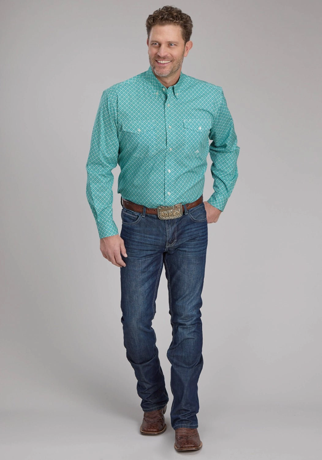 Roper Mens 2250 Four Point Foulard Turquoise Cotton Blend Btn L/S Shirt Military Inspired All day wearability