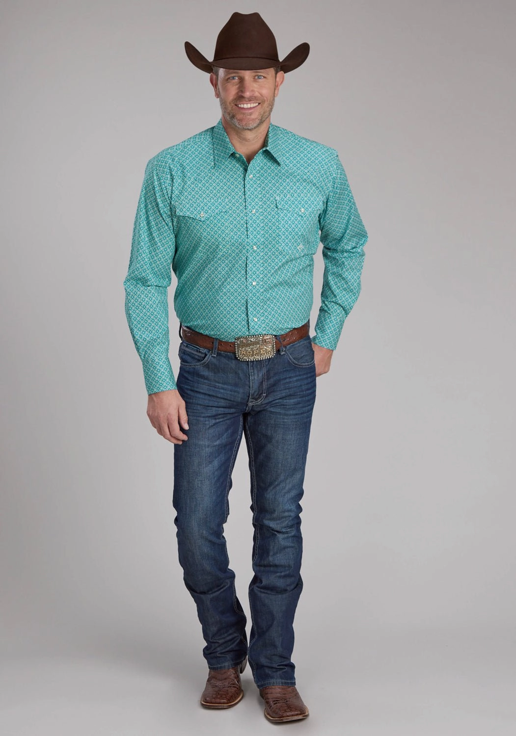 Bold Statement Beach Attire Roper Mens 2250 Four Point Foulard Turquoise Cotton Blend L/S Shirt