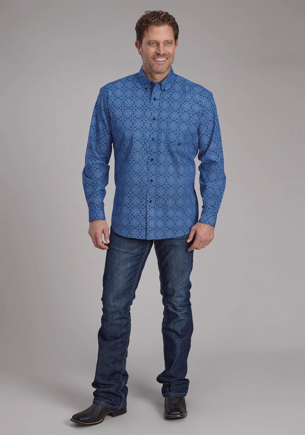 Roper Mens 2251 Sapphire Ornamental Blue 100% Cotton 1 Pkt L/S Shirt Smooth Zipper Design