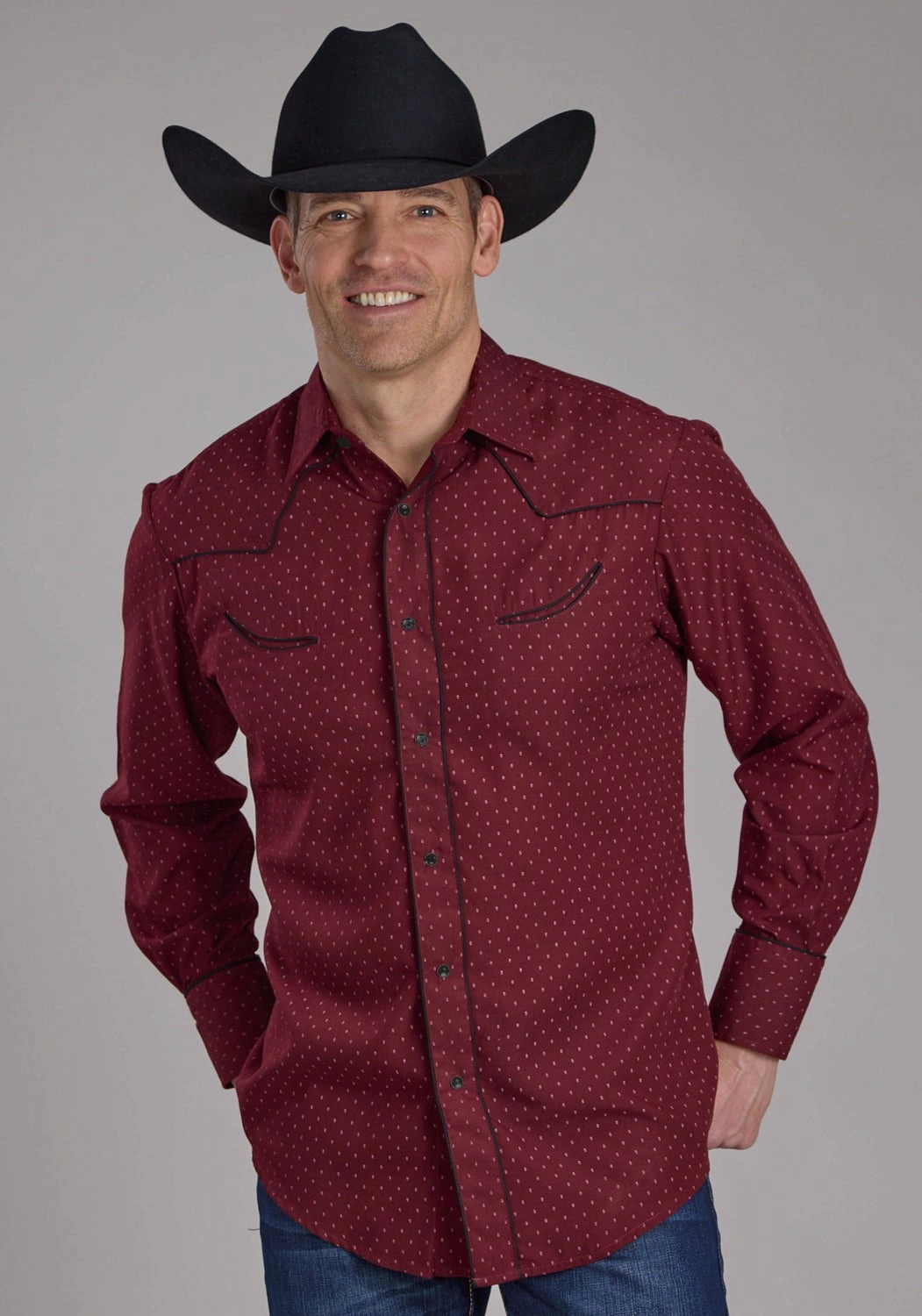 Roper Mens 2287 Dot Print Fancy Wine Poly/Cotton L/S Shirt Clean Edge Trim