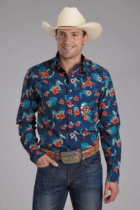 Reinforced Shoulders Breathable fabric Roper Mens 2354 Hawaiian Print Blue 100% Cotton L/S Shirt