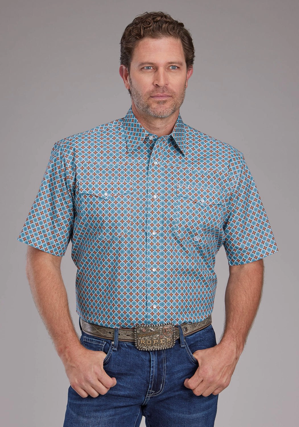 Roper Mens 2381 Tile Foulard Turquoise 100% Cotton S/S Shirt stain resistant coating