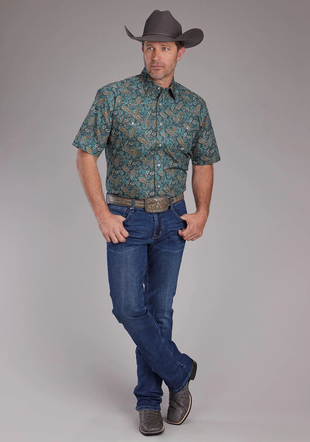 Everyday Wear Flexible Mobility Roper Mens 2382 Dusk Paisley Blue 100% Cotton S/S Shirt