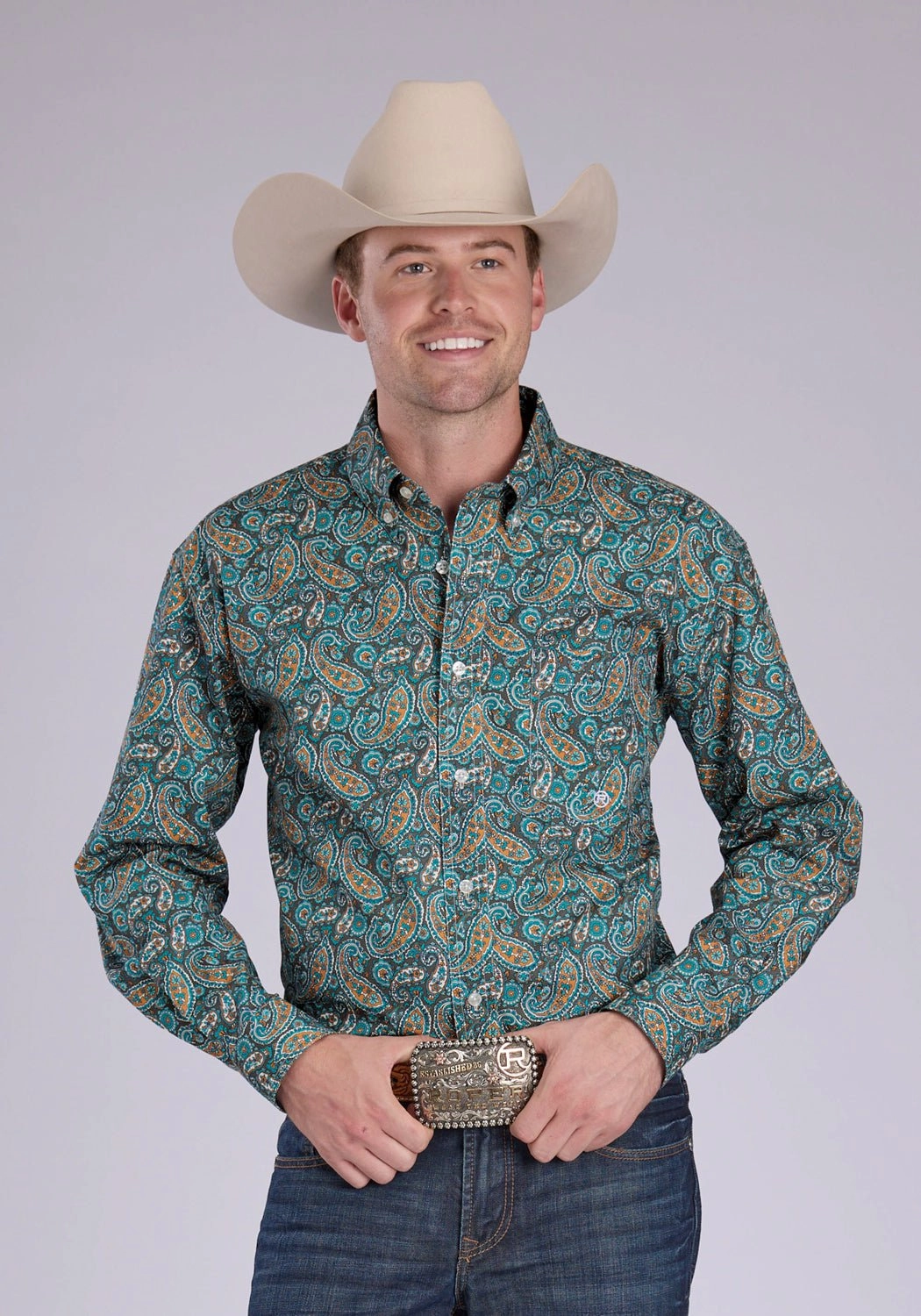 Minimalist Design Breathable mesh Roper Mens 2382 Dusk Paisley Turquoise 100% Cotton 1 Pkt L/S Shirt