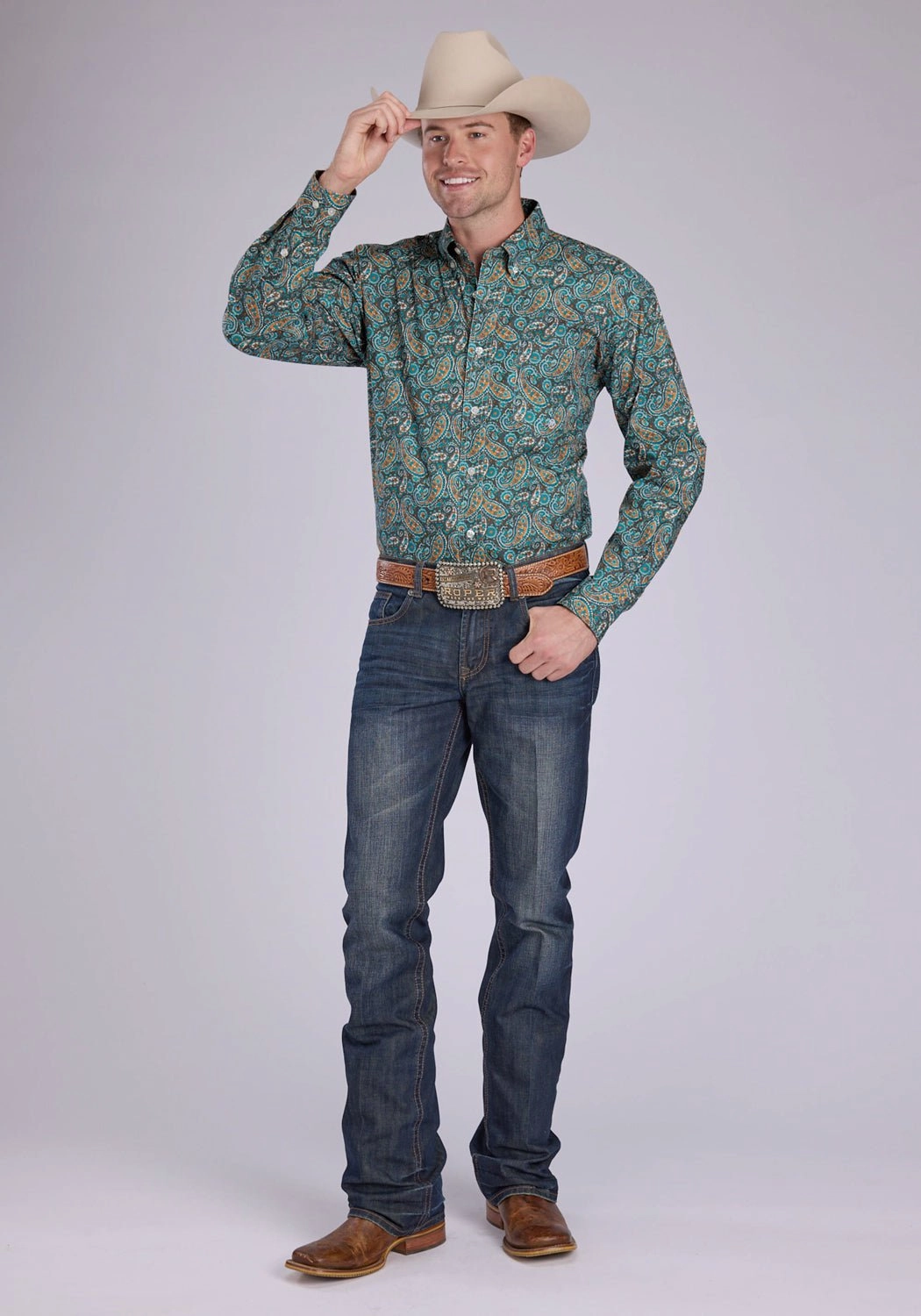 High-Quality Fabric Stylish Detail Roper Mens 2382 Dusk Paisley Turquoise 100% Cotton 1 Pkt L/S Shirt
