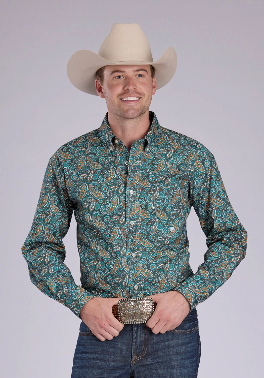 Classy Detail fade resistant color Roper Mens 2382 Dusk Paisley Turquoise 100% Cotton 1 Pkt L/S Shirt
