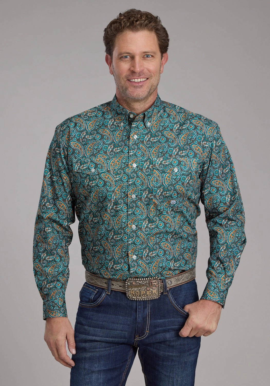 tailored look Non Iron Roper Mens 2382 Dusk Paisley Turquoise 100% Cotton Btn L/S Shirt