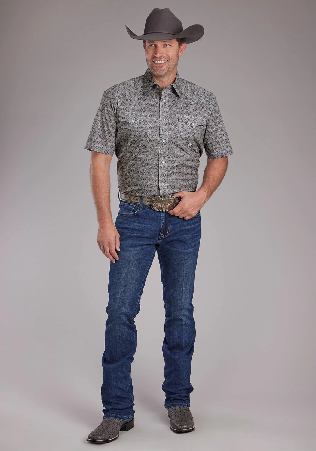 Gym Wear Roper Mens 2383 Medallion Paisley Grey Cotton Blend S/S Shirt